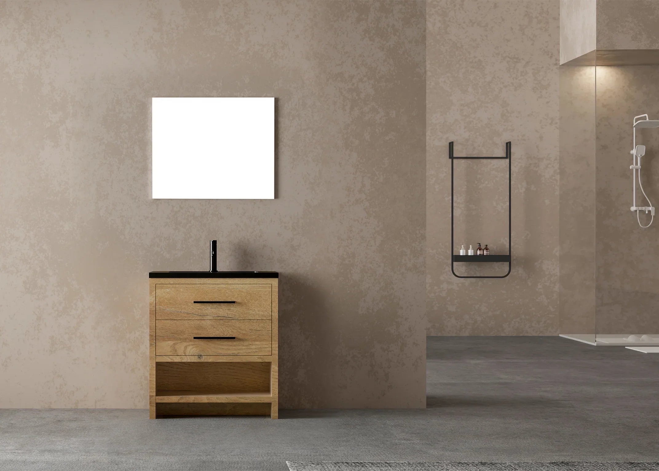 30" Rough Oak Freestanding Bathroom Vanity with Black Engineered Quartz Countertop