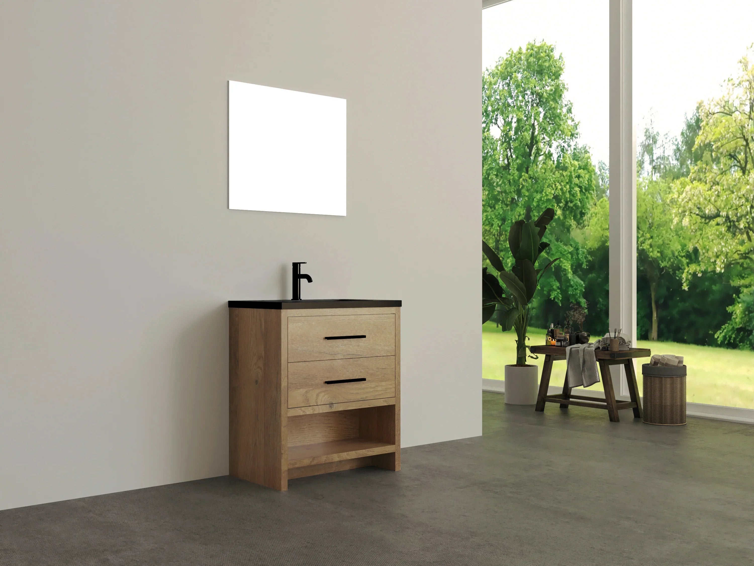 30" Rough Oak Freestanding Bathroom Vanity with Black Engineered Quartz Countertop