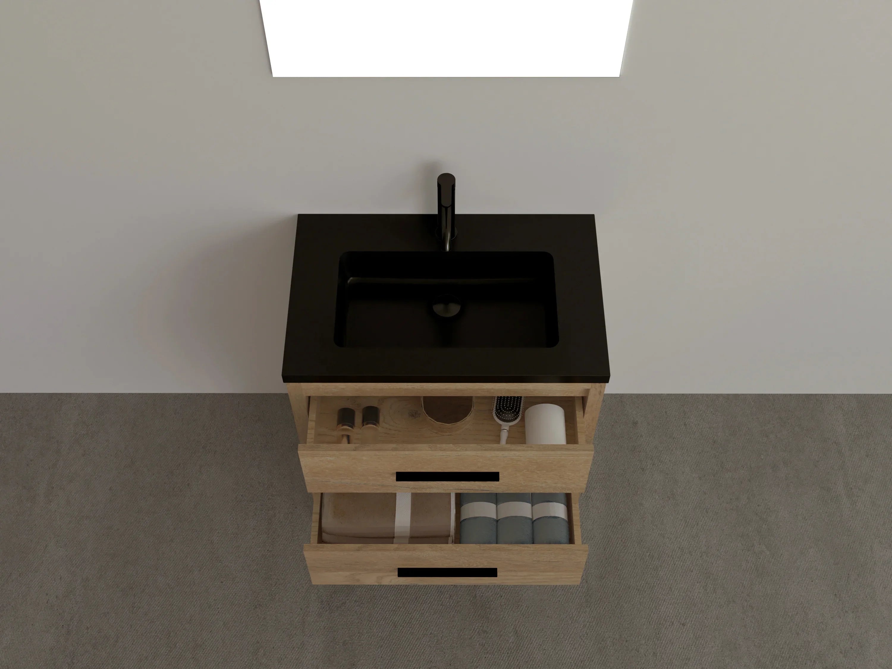 30" Rough Oak Freestanding Bathroom Vanity with Black Engineered Quartz Countertop