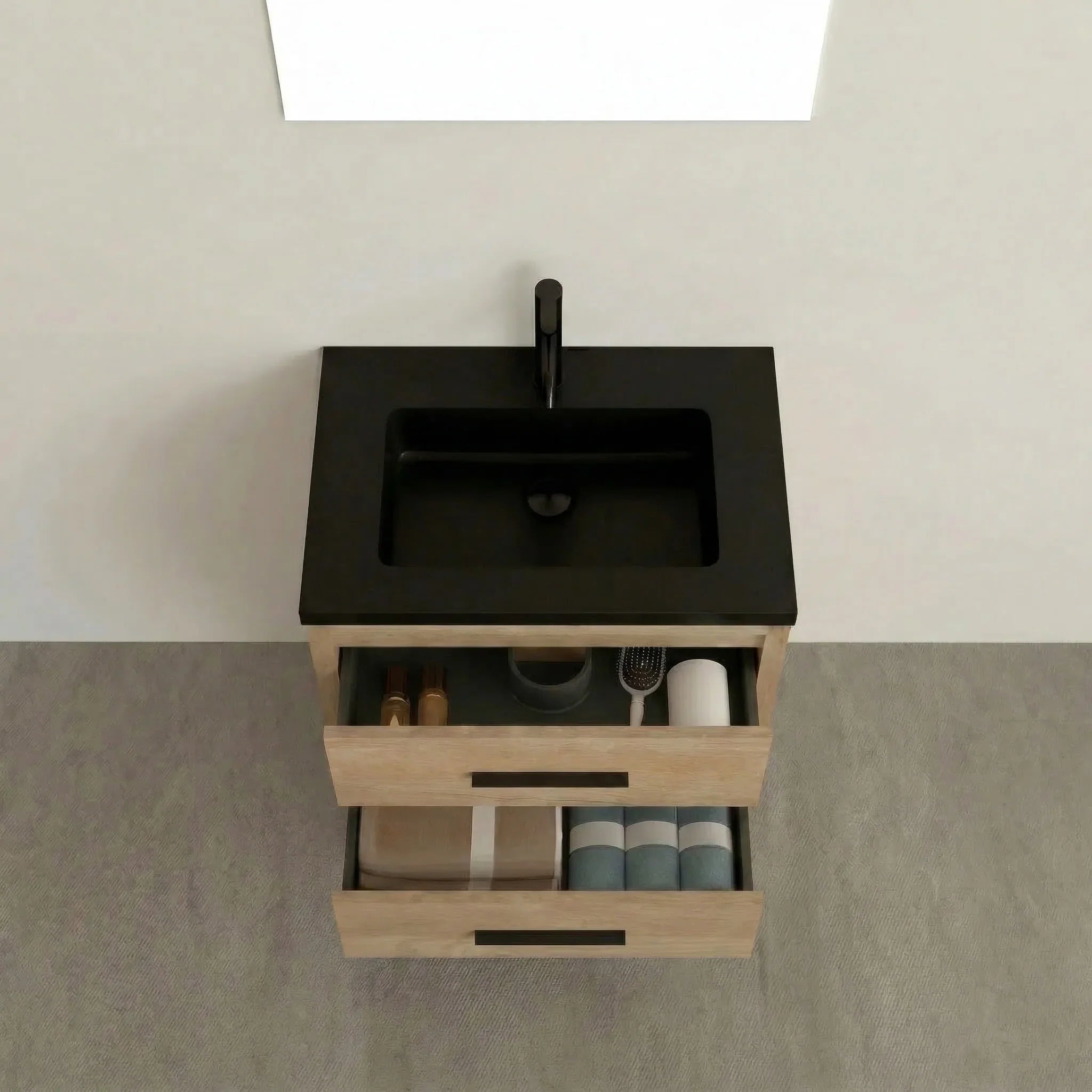 30" Rough Oak Freestanding Bathroom Vanity with Black Engineered Quartz Countertop