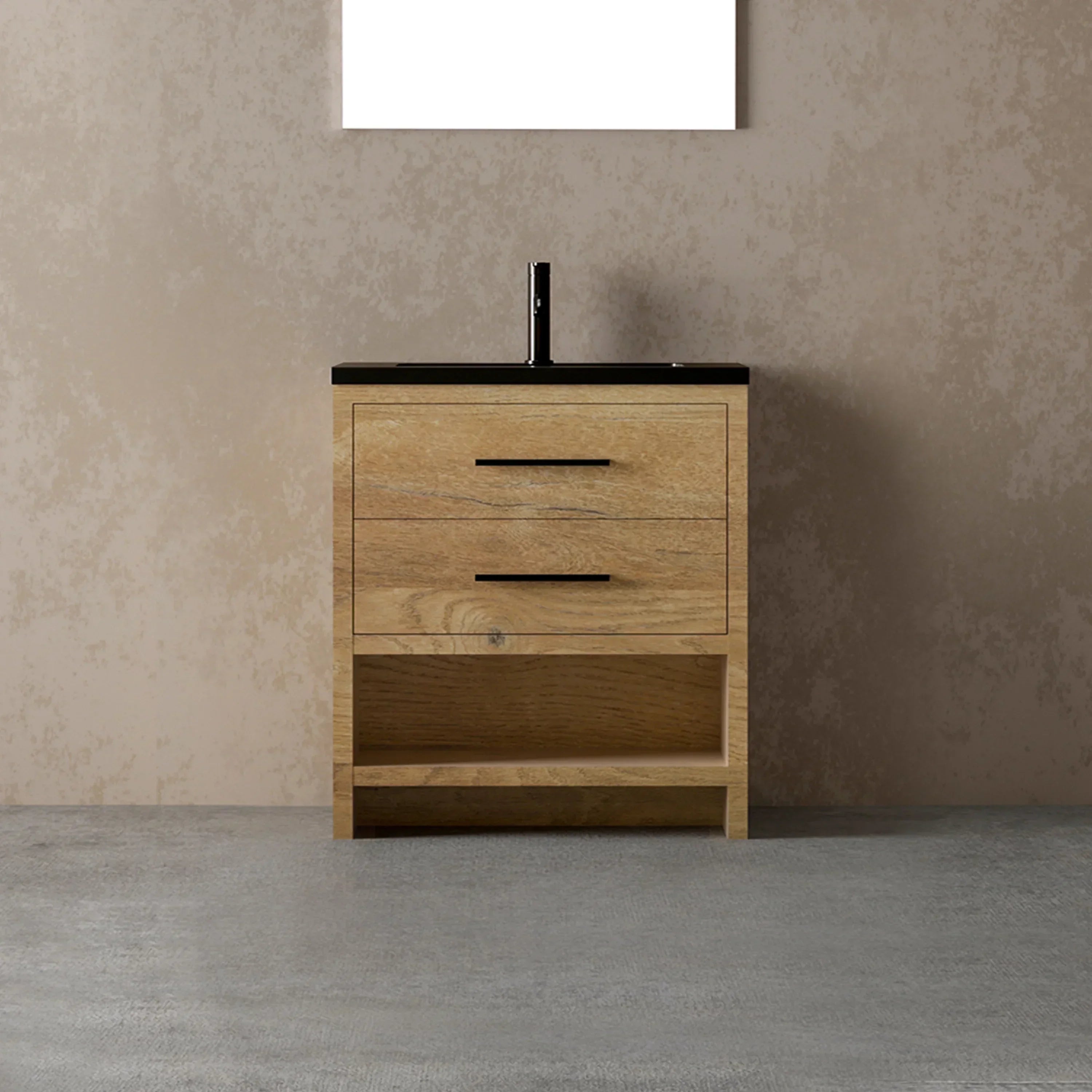30" Rough Oak Freestanding Bathroom Vanity with Black Engineered Quartz Countertop