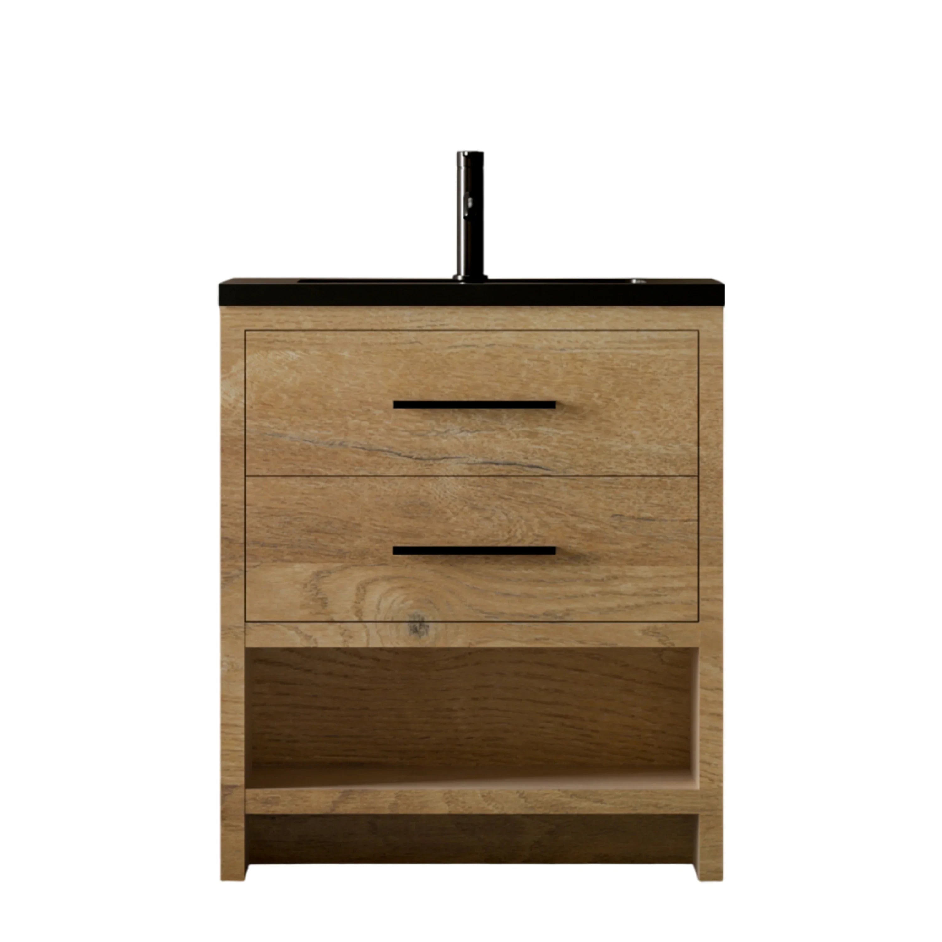 30" Rough Oak Freestanding Bathroom Vanity with Black Engineered Quartz Countertop