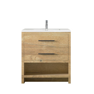 30" Rough Oak Freestanding Bathroom Vanity with White Polymarble Countertop