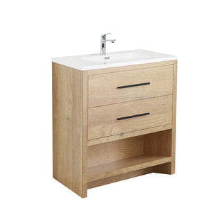 30" Rough Oak Freestanding Bathroom Vanity with White Polymarble Countertop