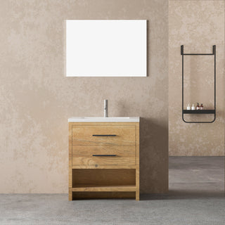 30" Rough Oak Freestanding Bathroom Vanity with White Polymarble Countertop