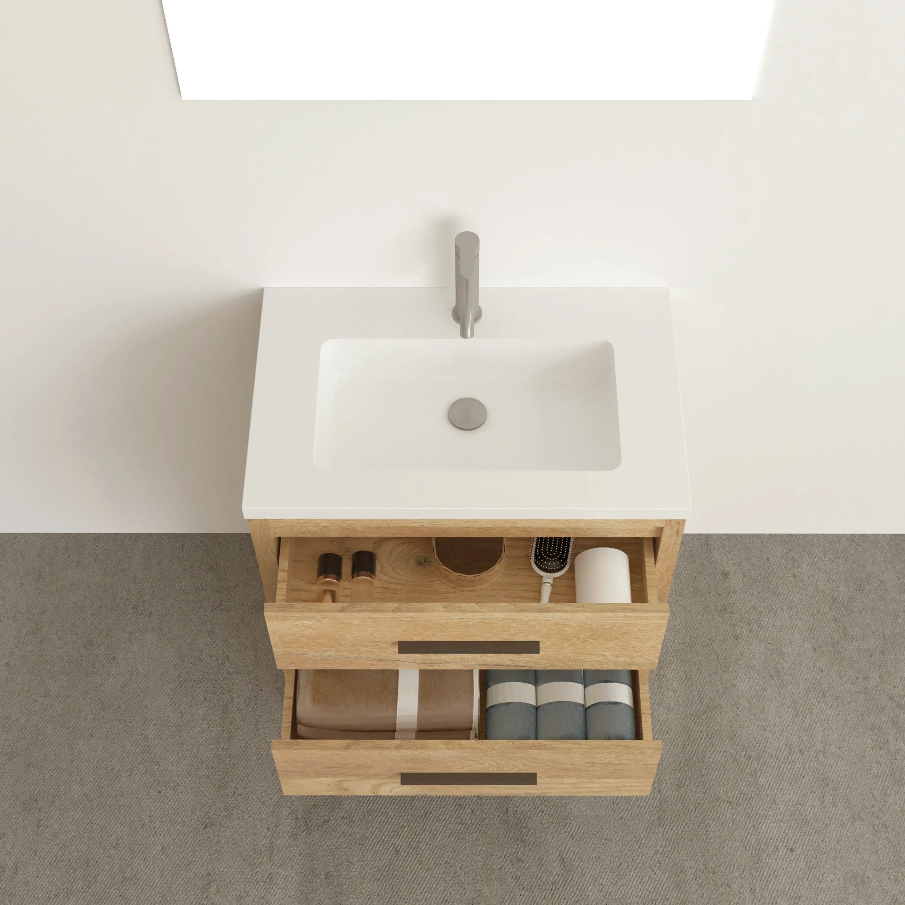 30" Rough Oak Freestanding Bathroom Vanity with White Polymarble Countertop