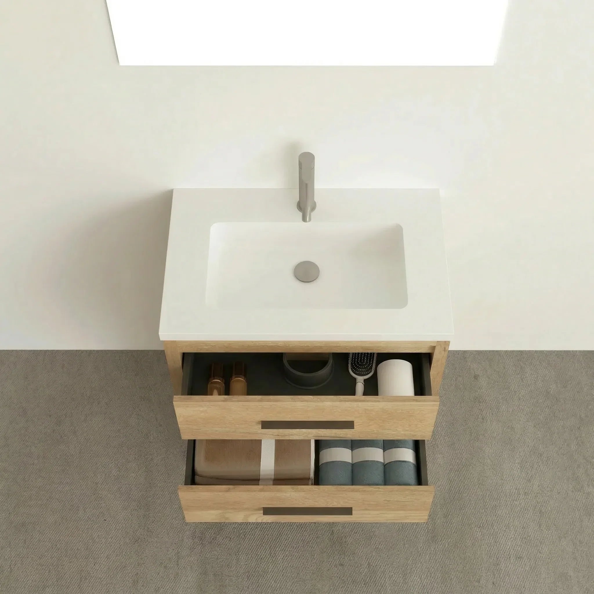 30" Rough Oak Freestanding Bathroom Vanity with White Polymarble Countertop