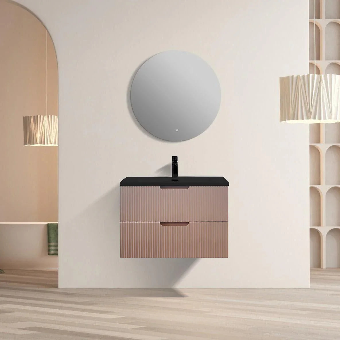 30" Dusty Rose Wall Mount Bathroom Vanity with Black Engineered Quartz Countertop