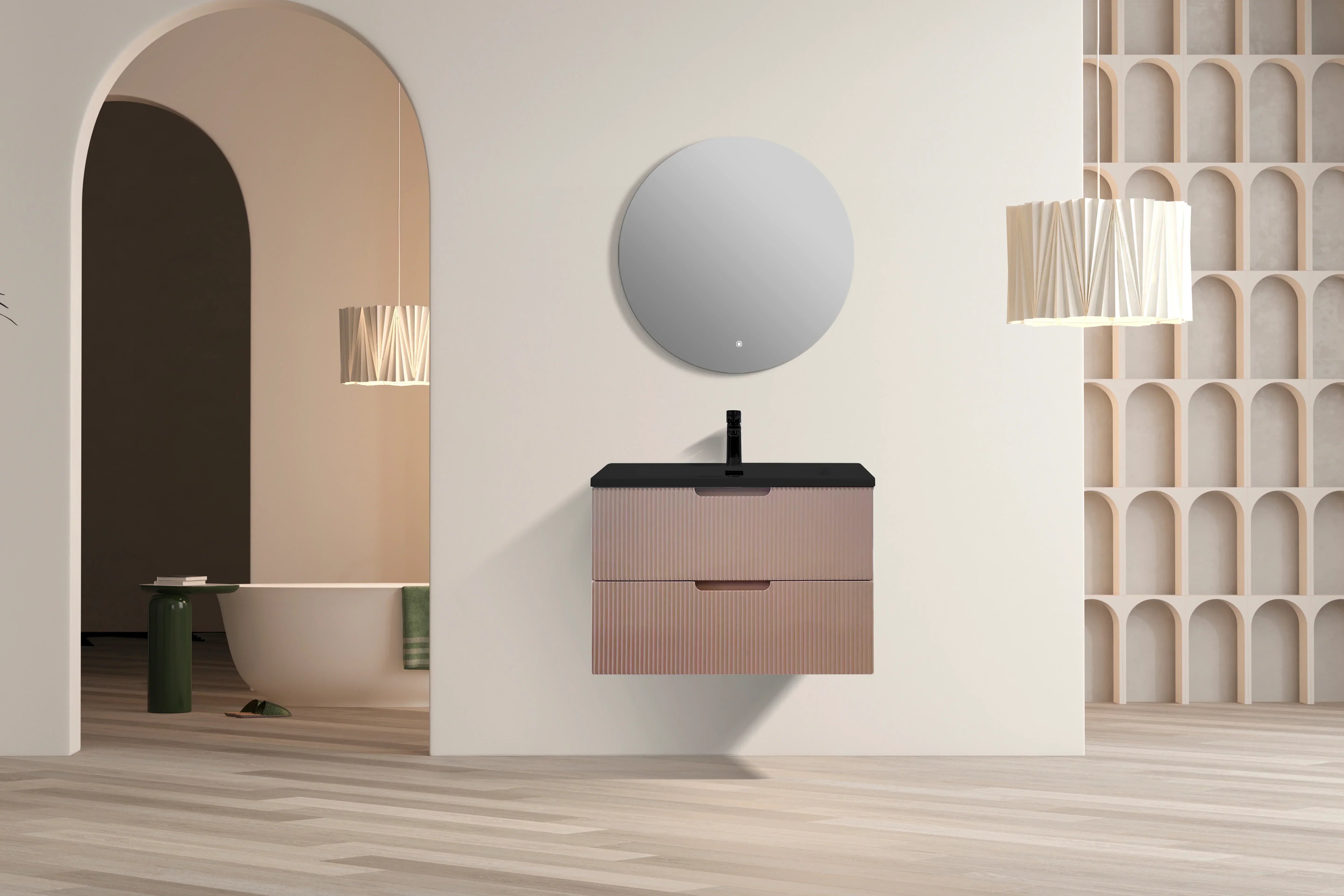 30" Dusty Rose Wall Mount Bathroom Vanity with Black Engineered Quartz Countertop