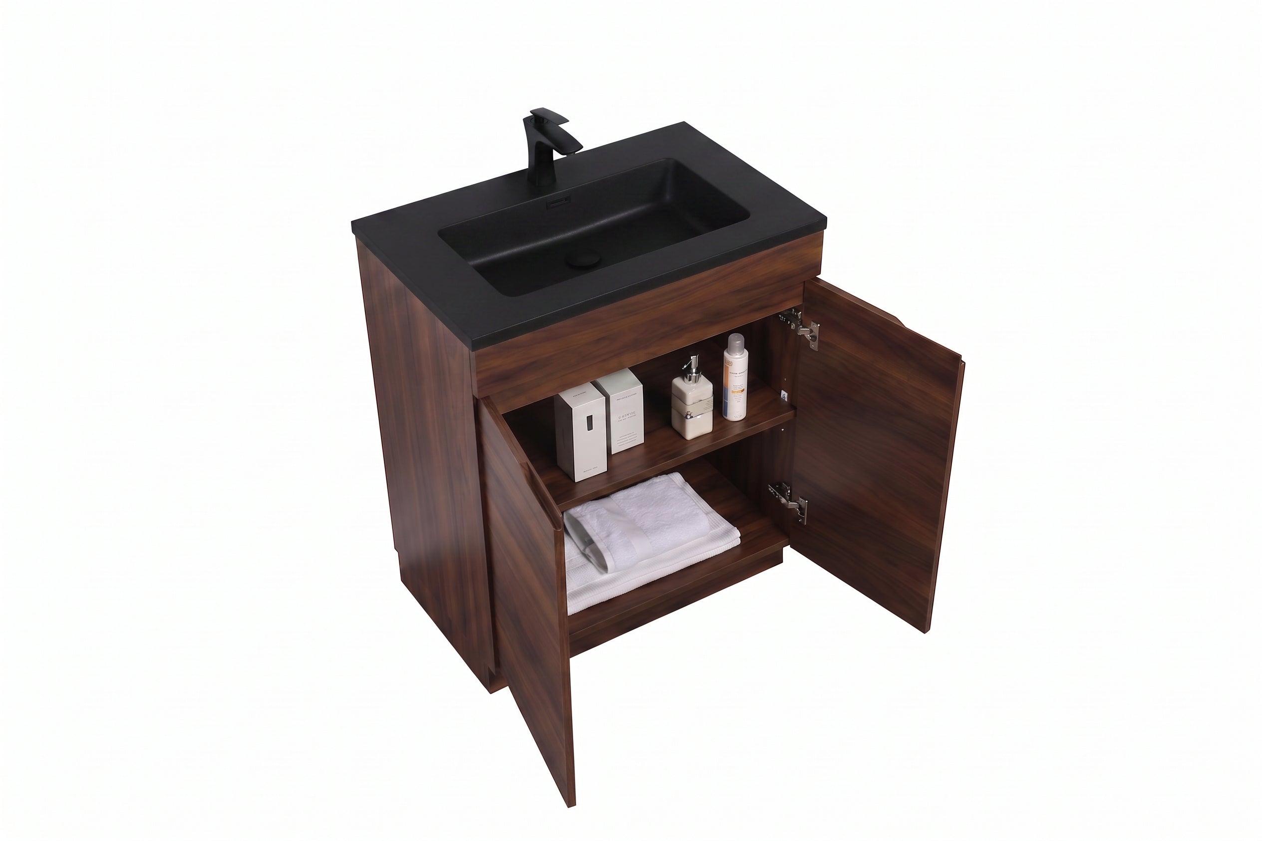 Meuble Lavabo Autoportant Noyer 30po avec Comptoir en Quartz Noir