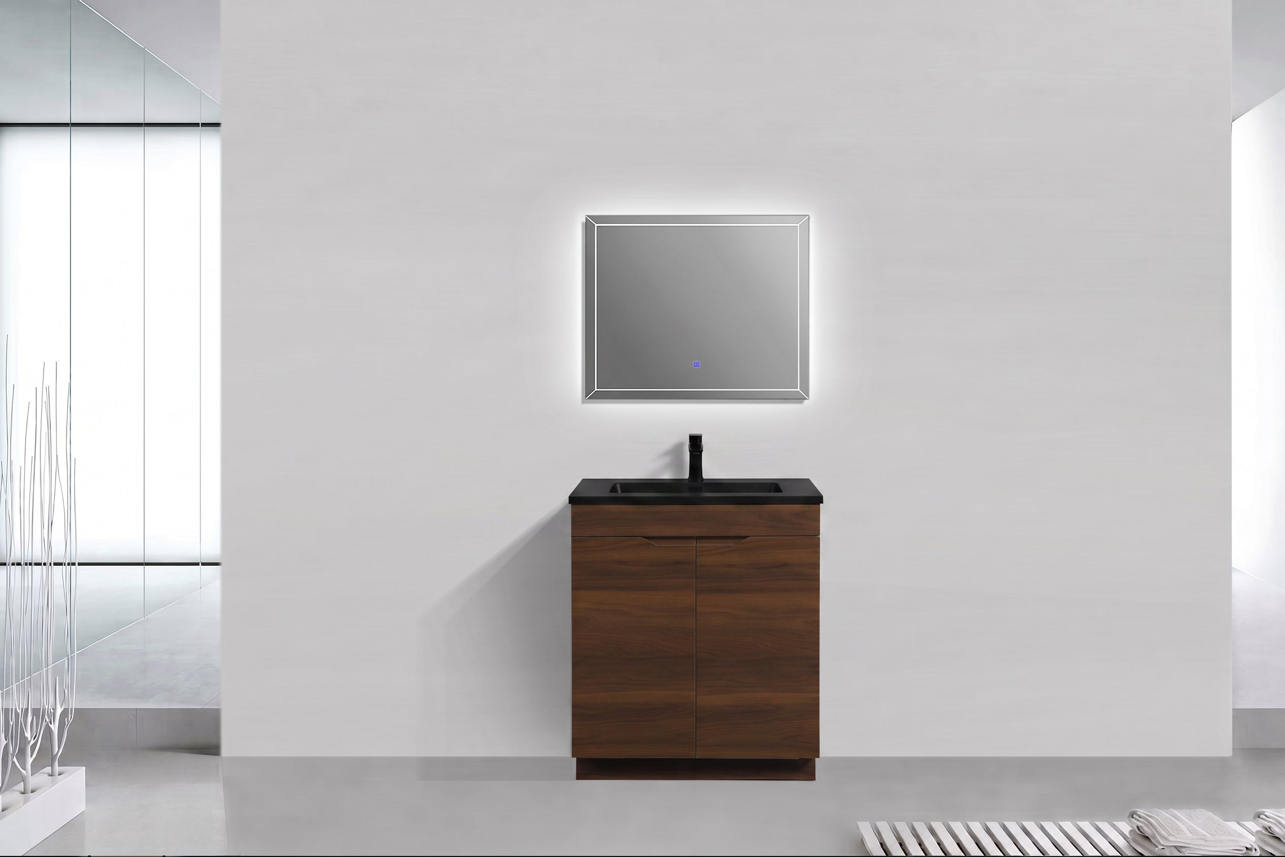 Meuble Lavabo Autoportant Noyer 30po avec Comptoir en Quartz Noir