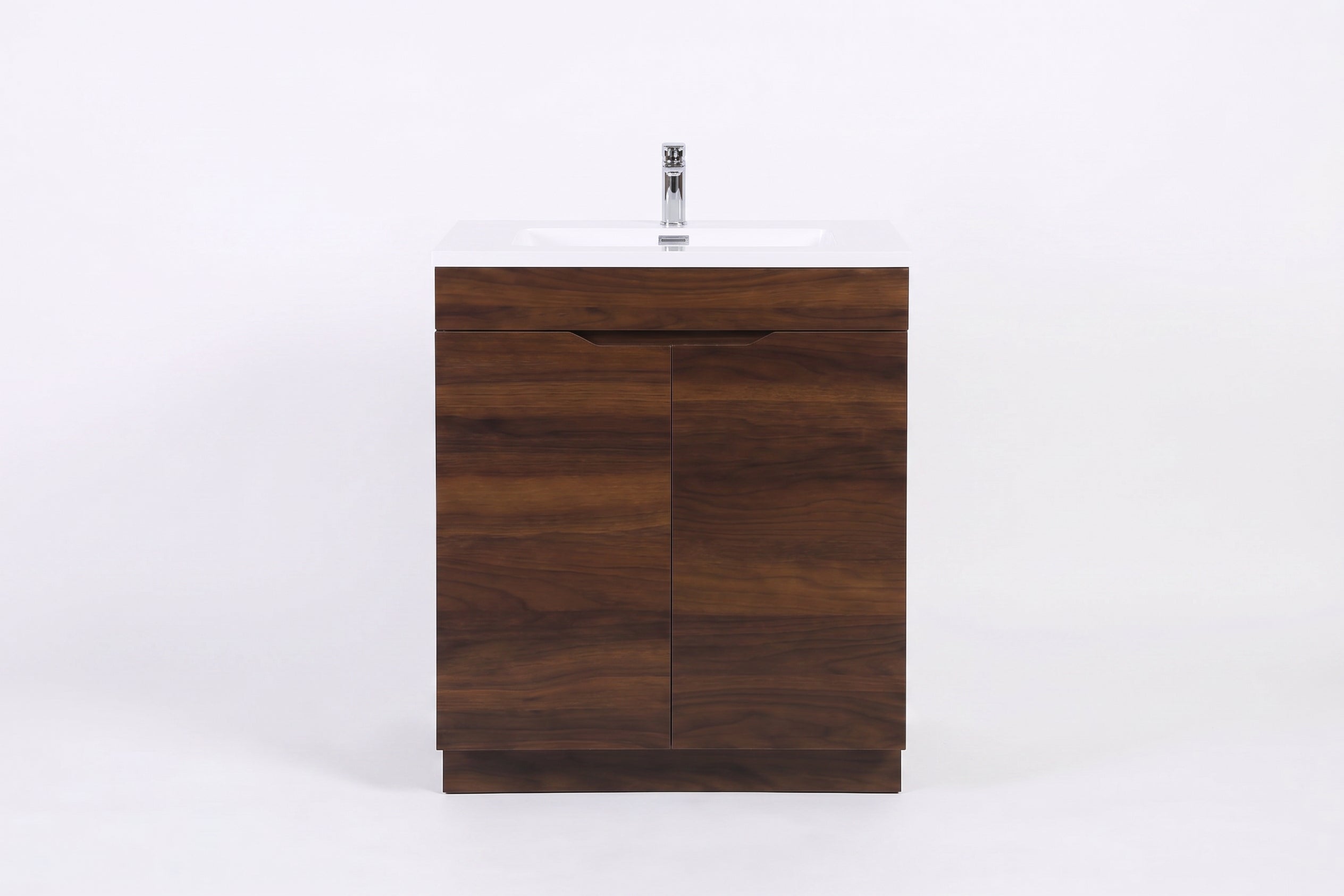 Meuble Lavabo Autoportant Noyer 30po avec Comptoir Polymarbre Blanc