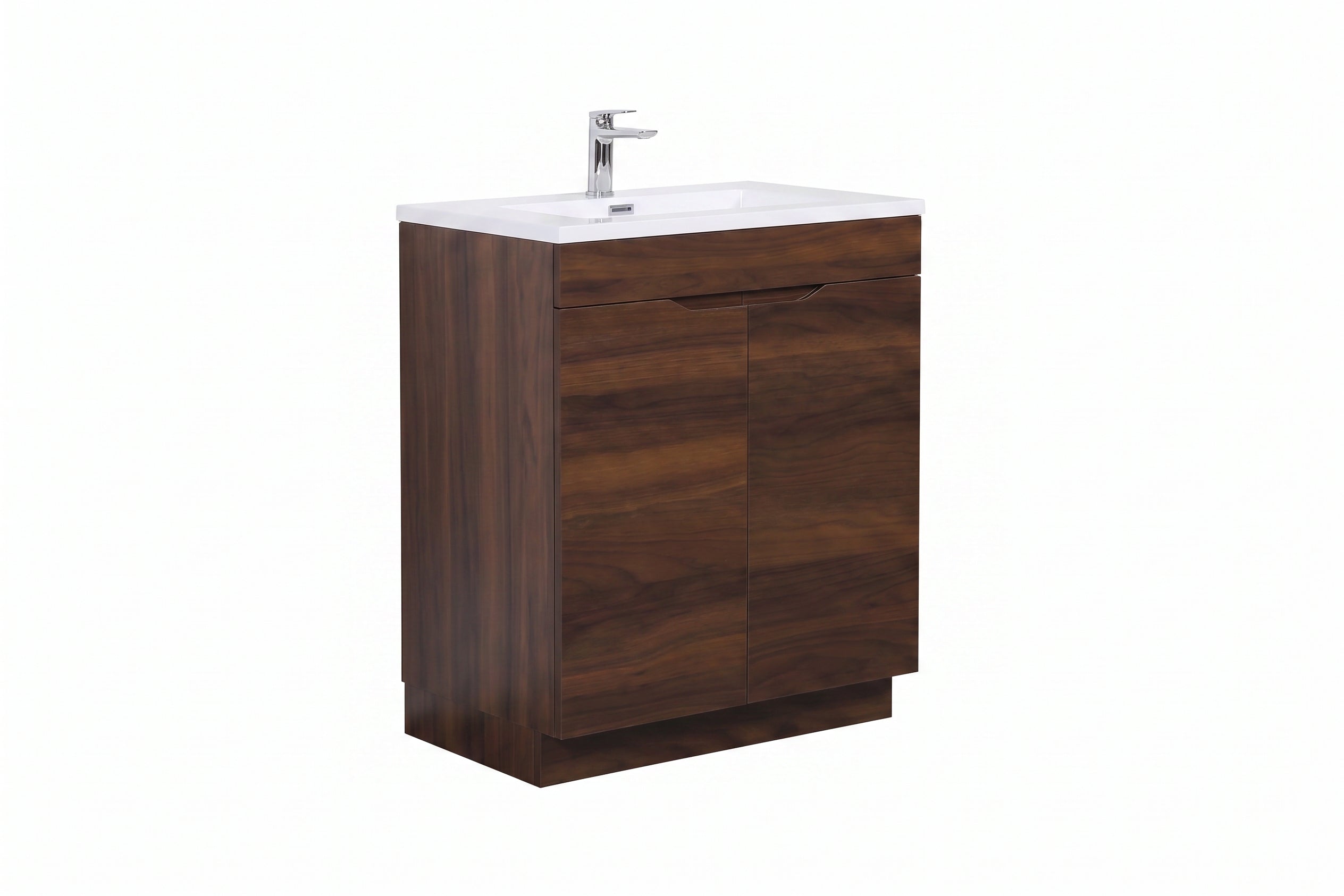 Meuble Lavabo Autoportant Noyer 30po avec Comptoir Polymarbre Blanc