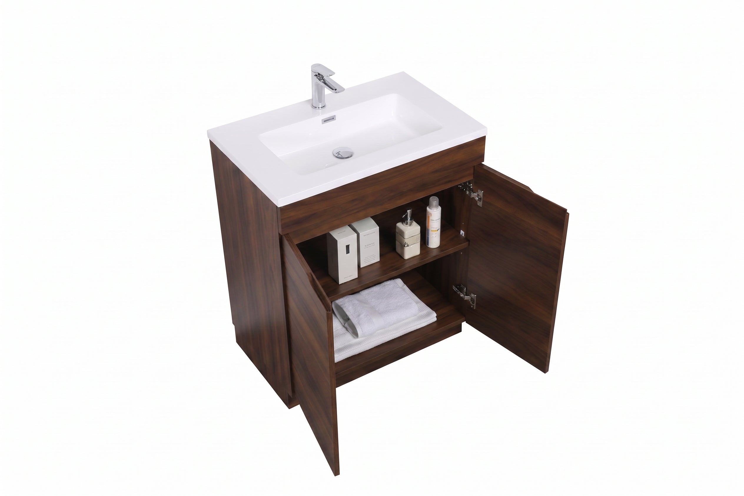 Meuble Lavabo Autoportant Noyer 30po avec Comptoir Polymarbre Blanc