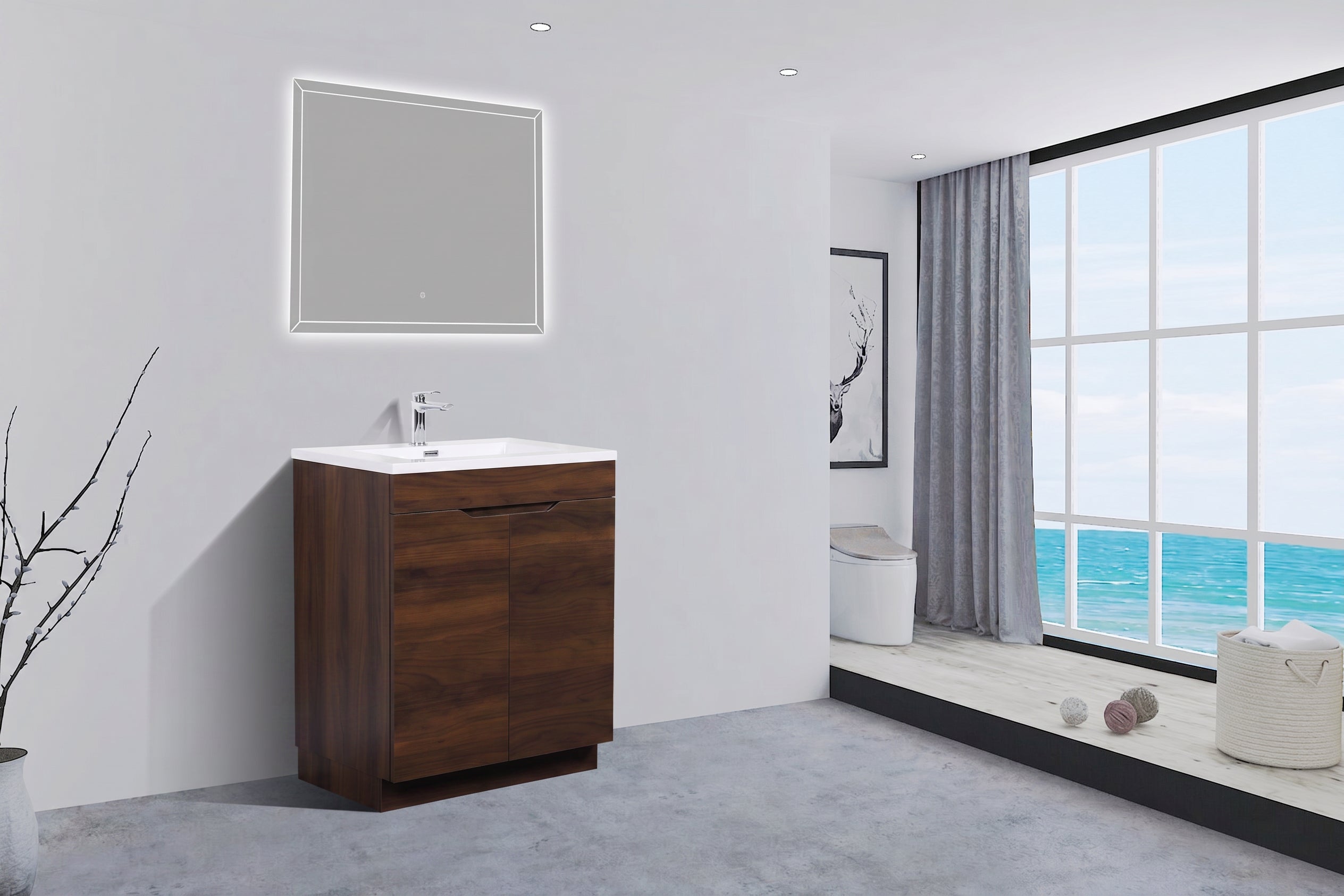 Meuble Lavabo Autoportant Noyer 30po avec Comptoir Polymarbre Blanc
