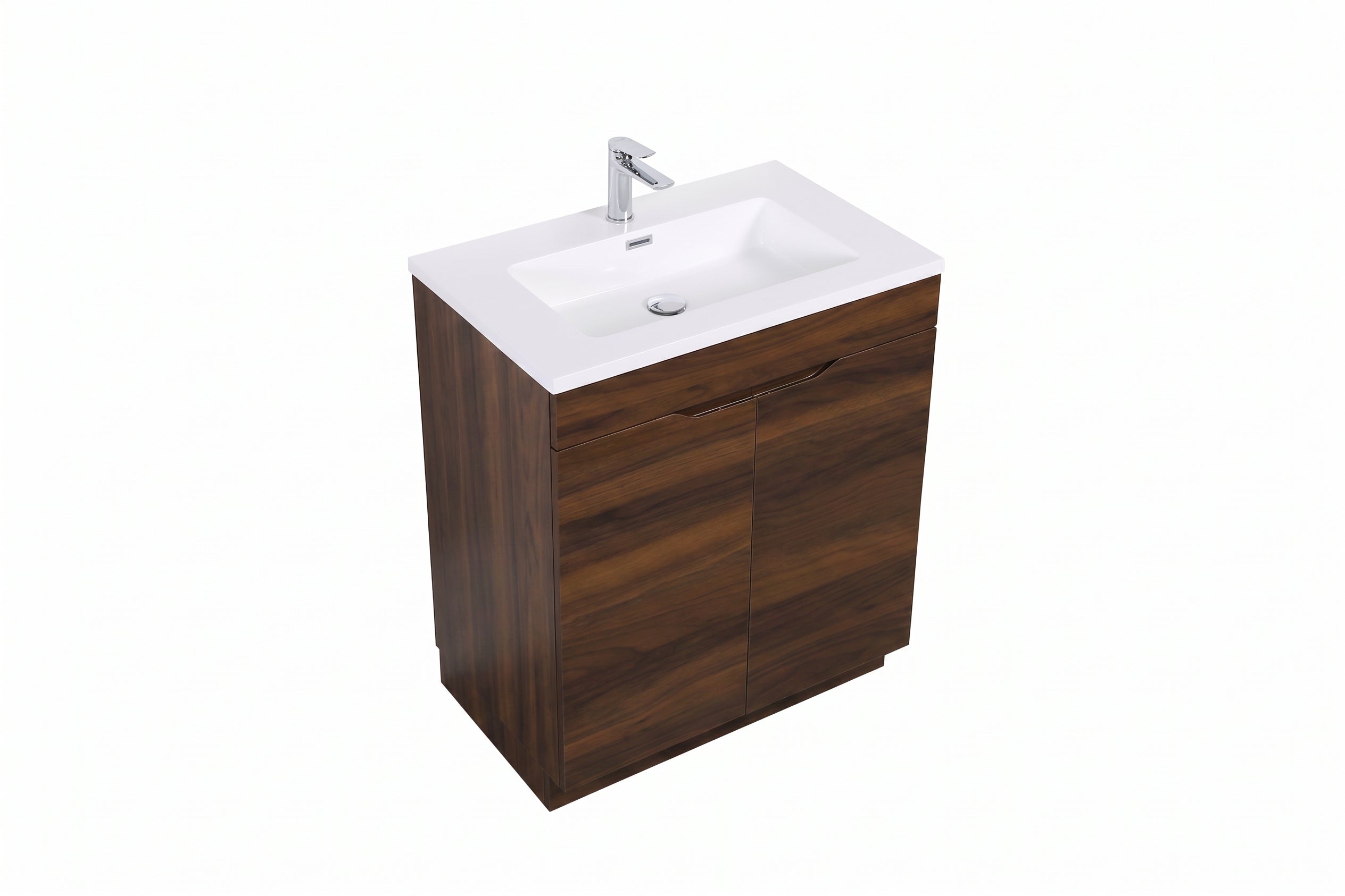 Meuble Lavabo Autoportant Noyer 30po avec Comptoir Polymarbre Blanc