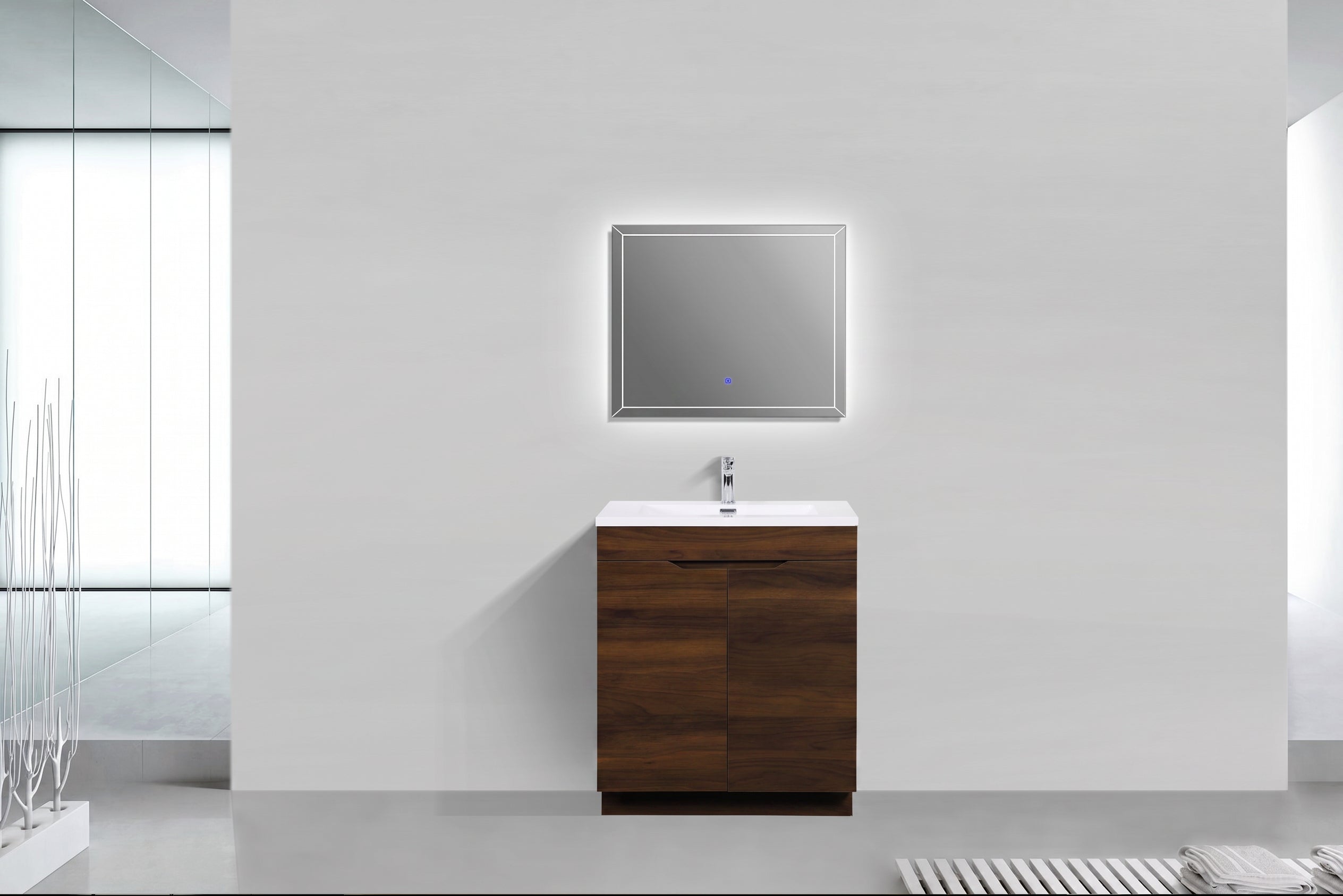 Meuble Lavabo Autoportant Noyer 30po avec Comptoir Polymarbre Blanc