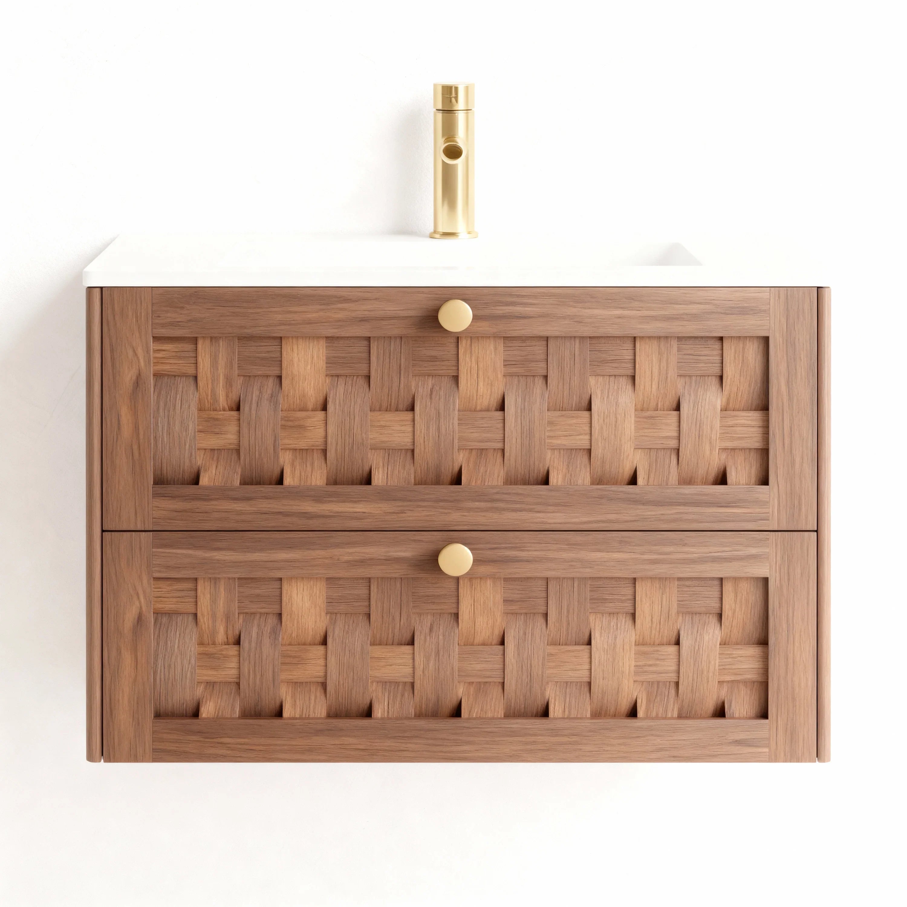 Meuble-lavabo mural 30po en noyer naturel avec comptoir en surface solide blanc mat