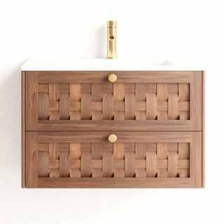 Meuble-lavabo mural Toulouse 30 po en noyer - Comptoir blanc mat