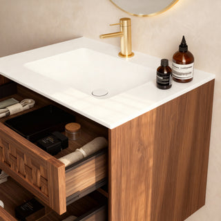 Meuble-lavabo mural Toulouse 30 po en noyer - Comptoir blanc mat