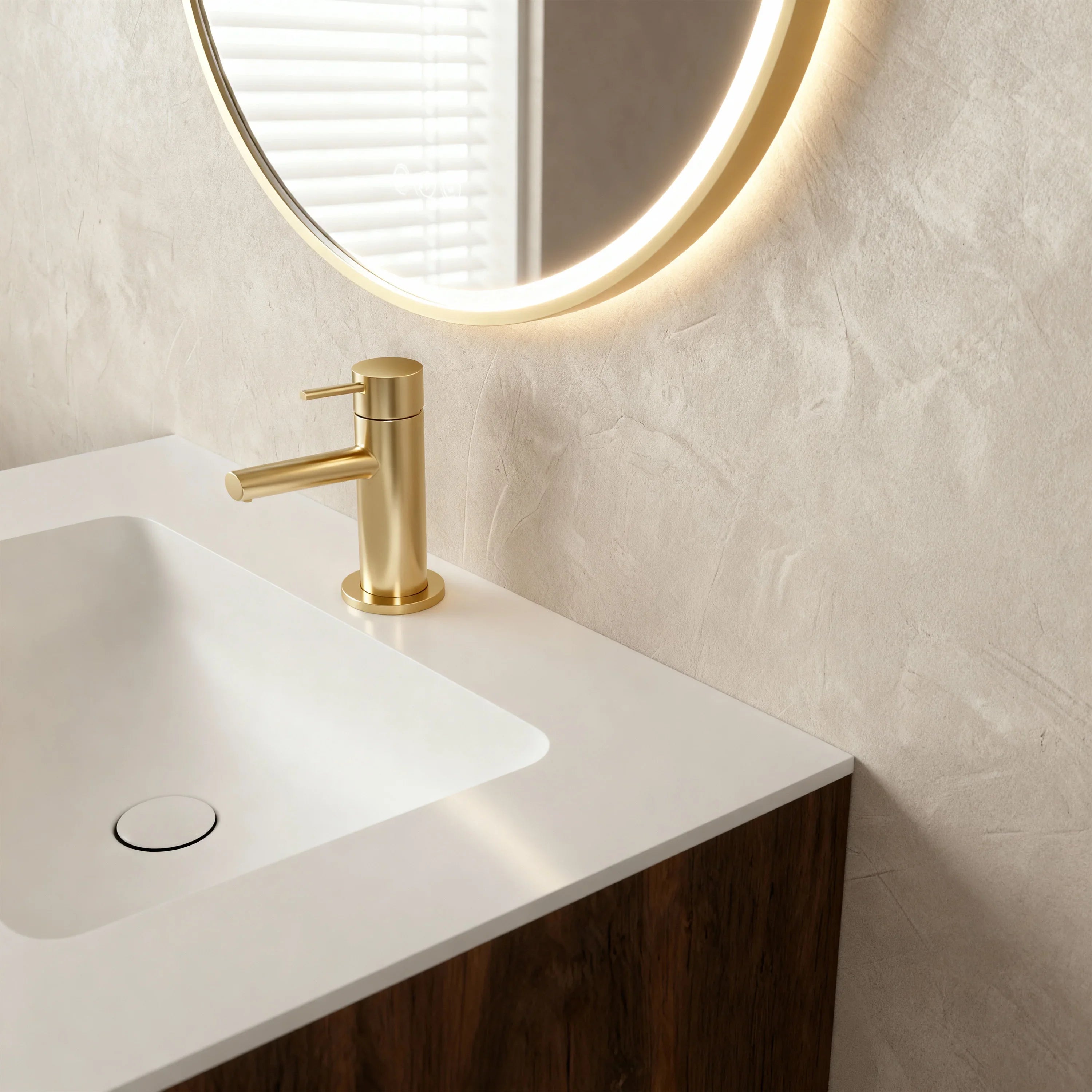 Meuble-lavabo mural 30po en noyer naturel avec comptoir en surface solide blanc mat