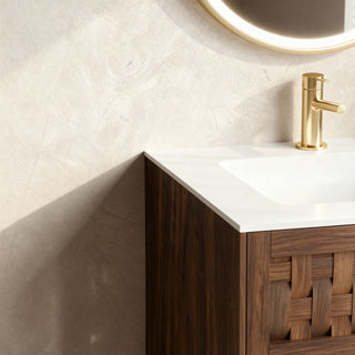 Meuble-lavabo mural Toulouse 30 po en noyer - Comptoir blanc mat