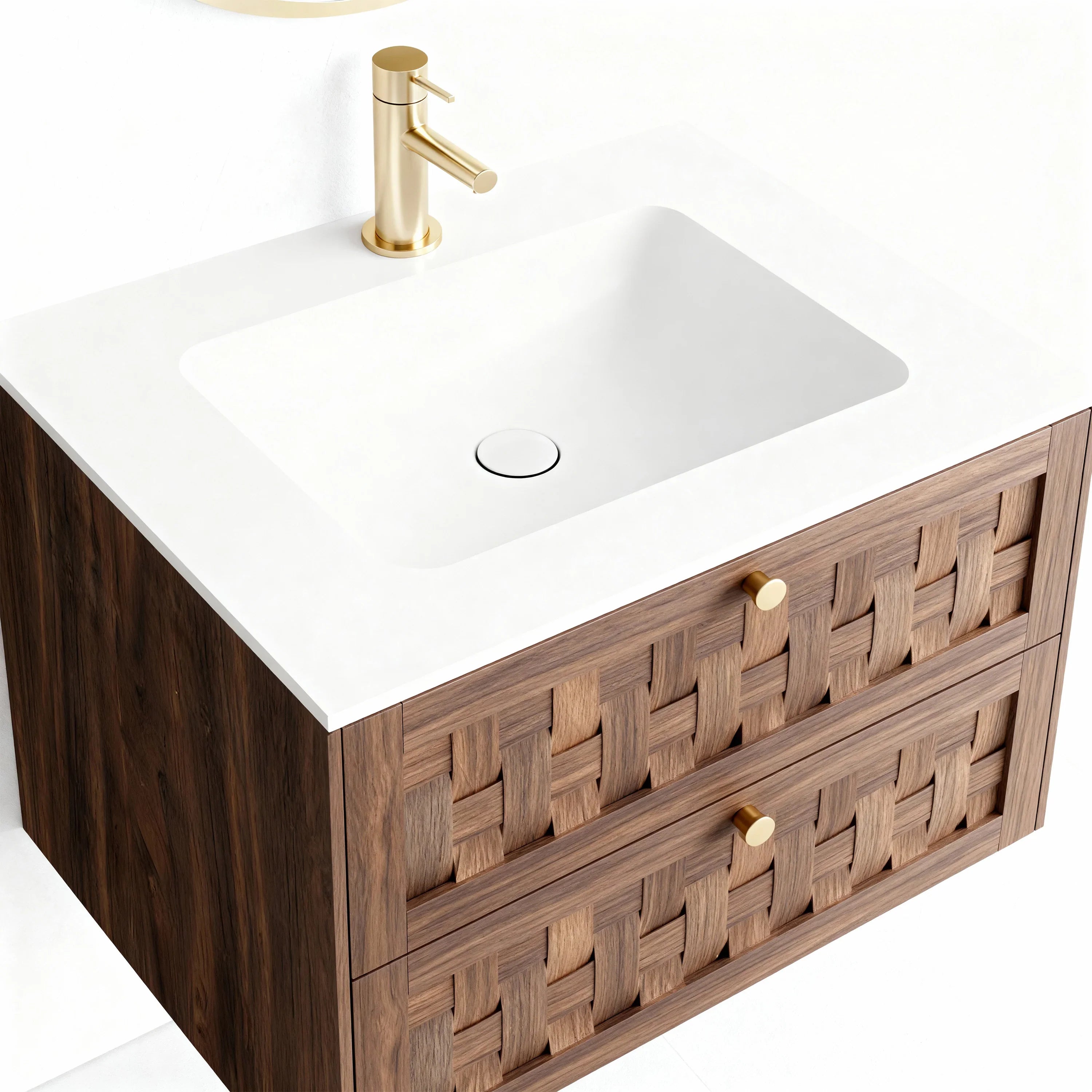 Meuble-lavabo mural 30po en noyer naturel avec comptoir en surface solide blanc mat
