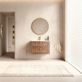 Meuble-lavabo mural Toulouse 30 po en noyer - Comptoir blanc mat