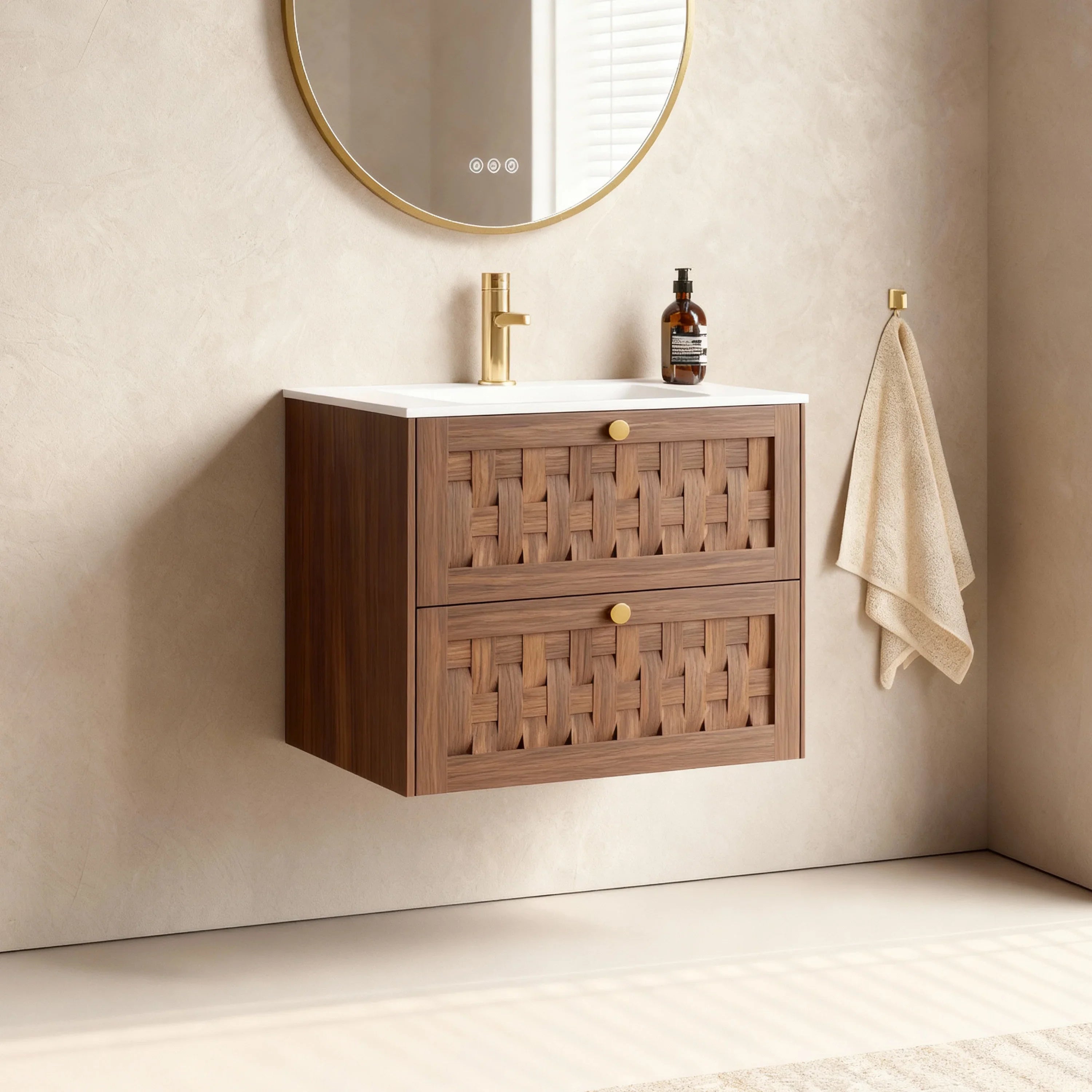 Meuble-lavabo mural 30po en noyer naturel avec comptoir en surface solide blanc mat