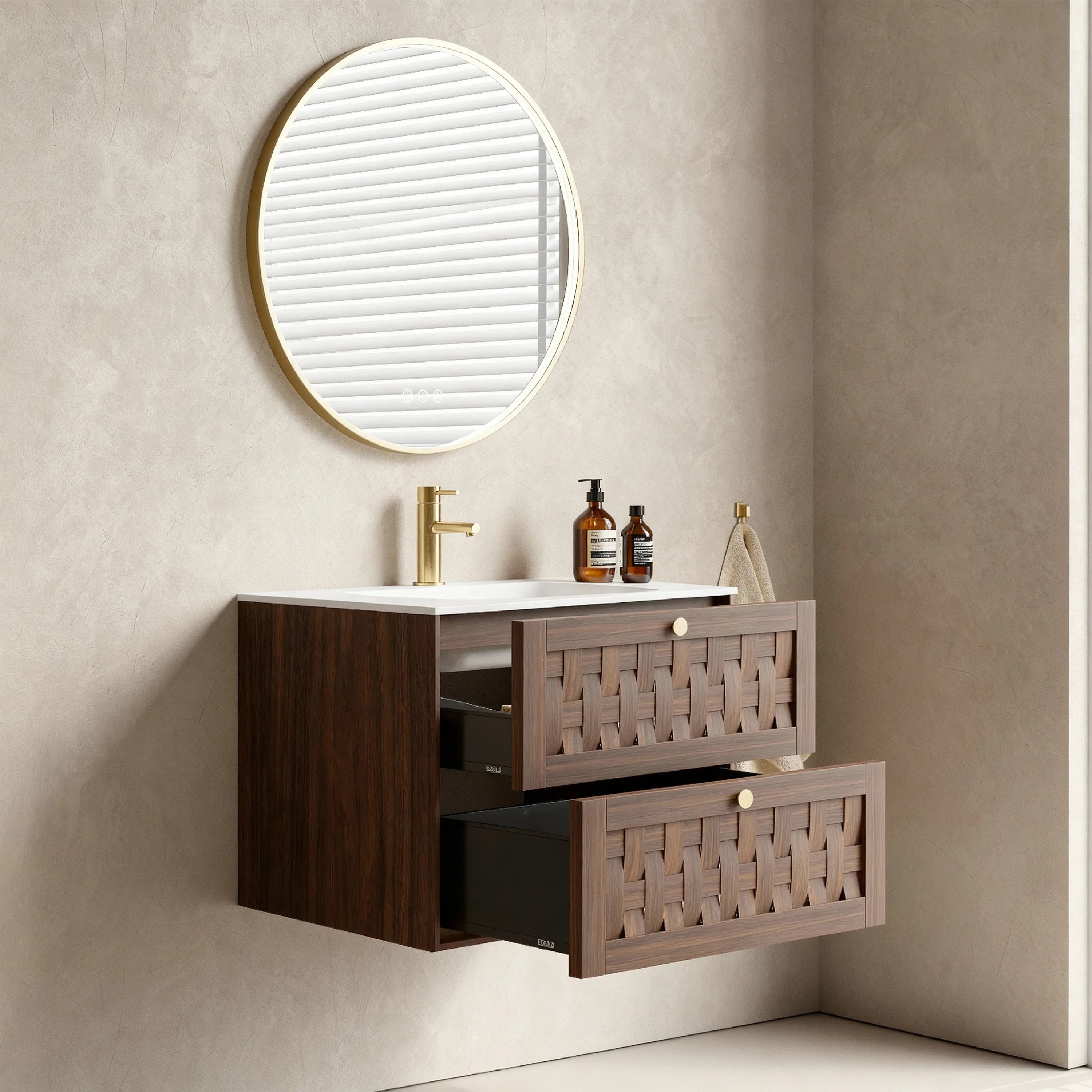 Meuble-lavabo mural 30po en noyer naturel avec comptoir en surface solide blanc mat