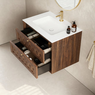 Meuble-lavabo mural Toulouse 30 po en noyer - Comptoir blanc mat