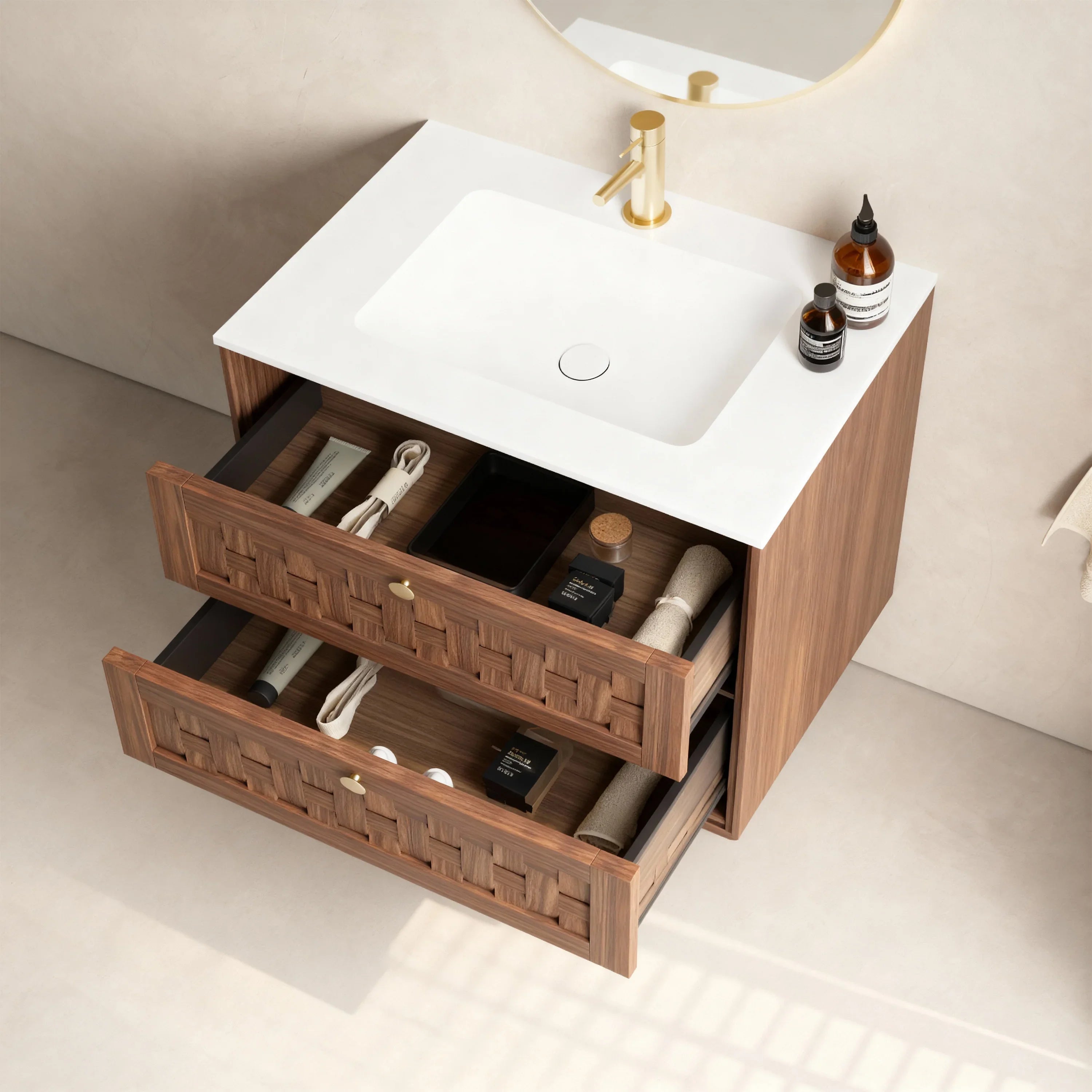 Meuble-lavabo mural 30po en noyer naturel avec comptoir en surface solide blanc mat