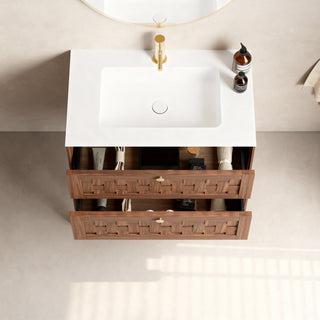 Meuble-lavabo mural Toulouse 30 po en noyer - Comptoir blanc mat