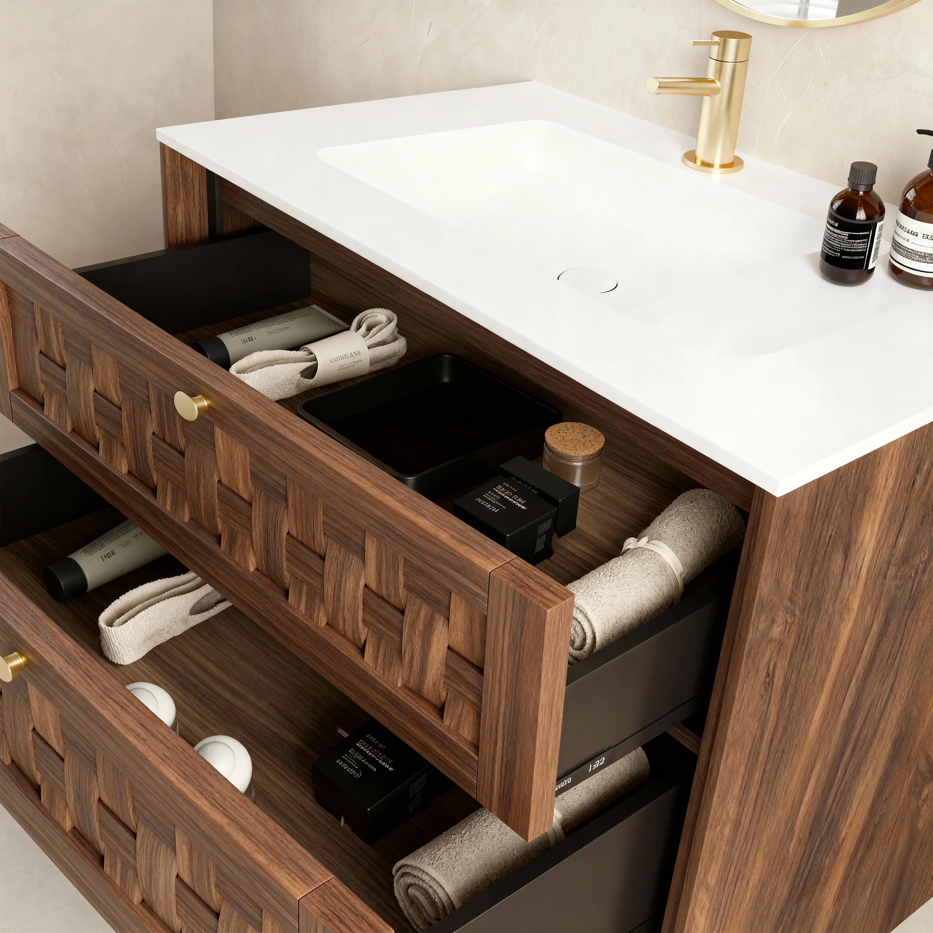 Meuble-lavabo mural 30po en noyer naturel avec comptoir en surface solide blanc mat