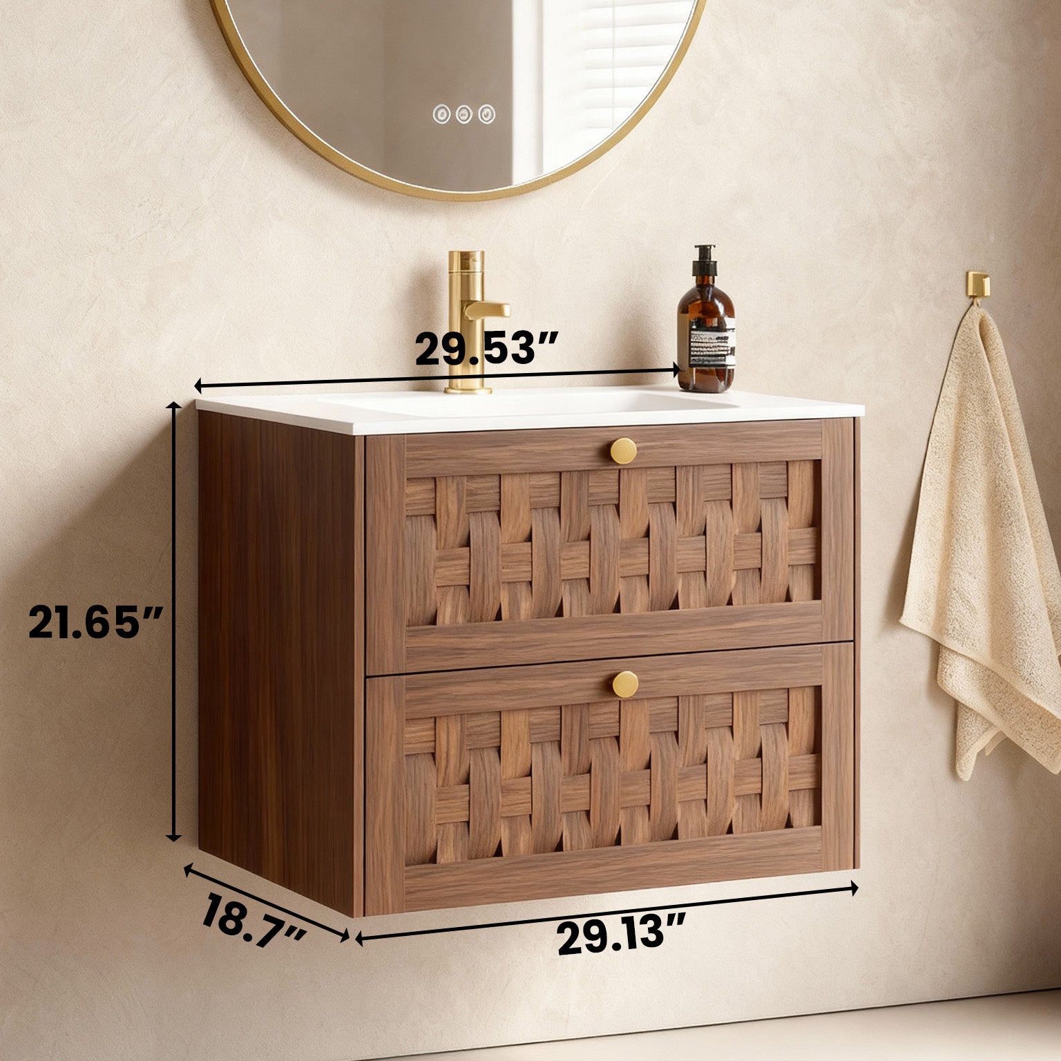 30" Walnut Wall-Mount Single Sink Bathroom Vanity with Matte White Solid Surface Countertop