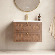 Meuble-lavabo mural 30po en noyer naturel avec comptoir en surface solide blanc mat