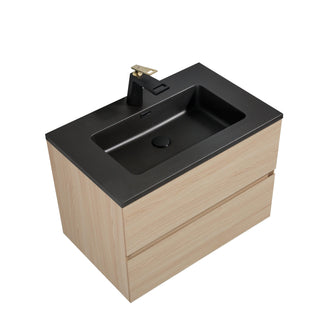 30" Wheat Wall Mount Single Sink Bathroom Vanity with Black Engineered Quartz Countertop