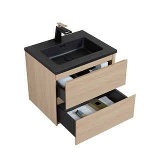 30" Wheat Wall Mount Single Sink Bathroom Vanity with Black Engineered Quartz Countertop