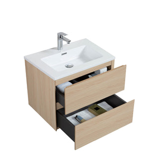 30" Wheat Wall Mount Single Sink Bathroom Vanity with White Polymarble Countertop