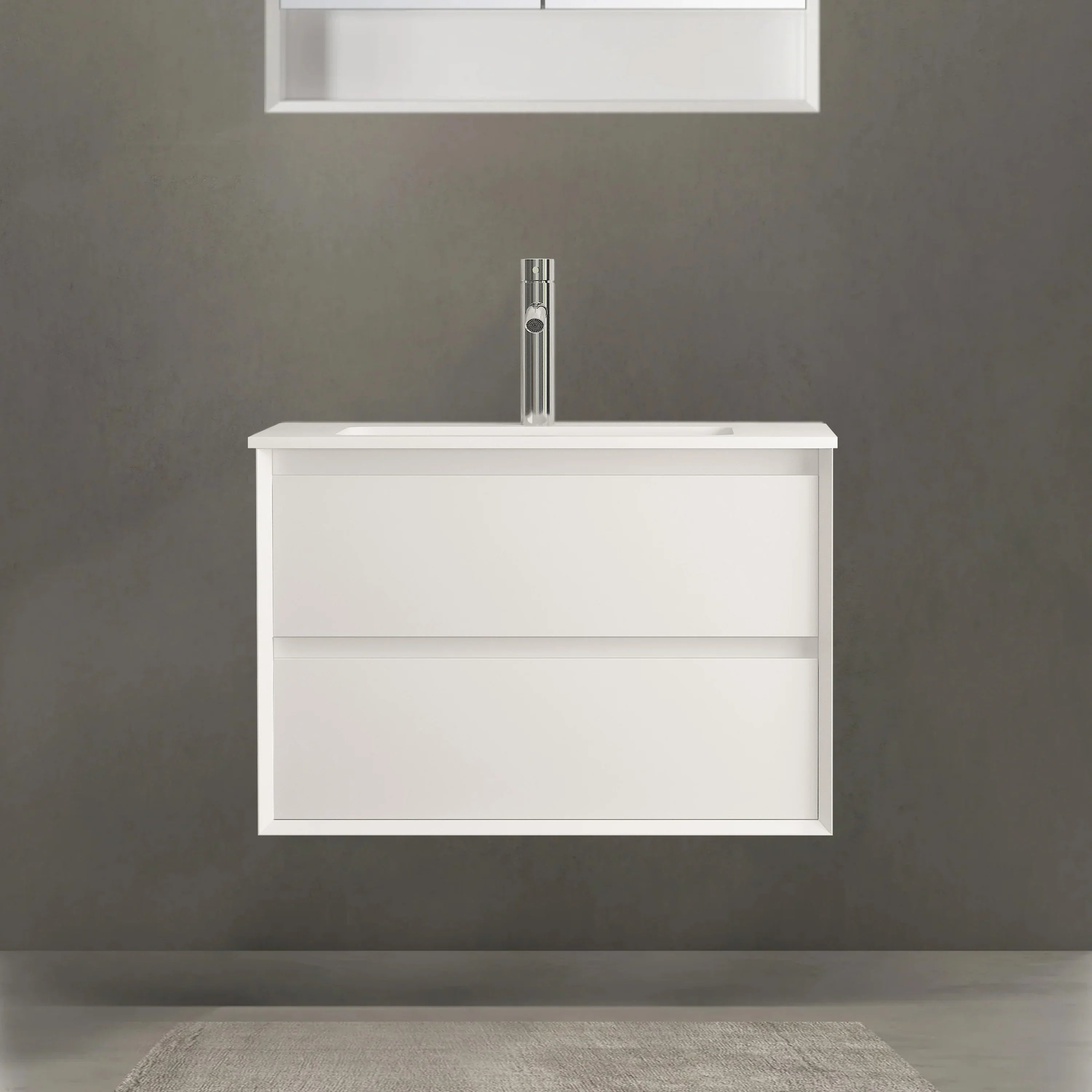 30" Matte White Wall Mount Bathroom Vanity with White Ceramic Countertop
