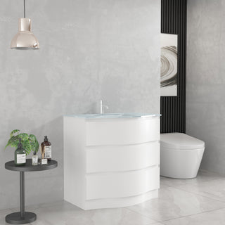 Meuble-Lavabo Autoportant 30po Blanc Mat avec Comptoir de Verre Blanc