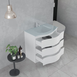 Meuble-Lavabo Autoportant 30po Blanc Mat avec Comptoir de Verre Blanc