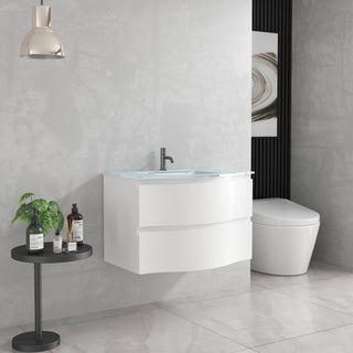 Meuble-Lavabo Mural 30po Blanc Mat avec Comptoir de Verre Blanc