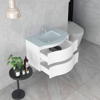 Meuble-Lavabo Mural 30po Blanc Mat avec Comptoir de Verre Blanc