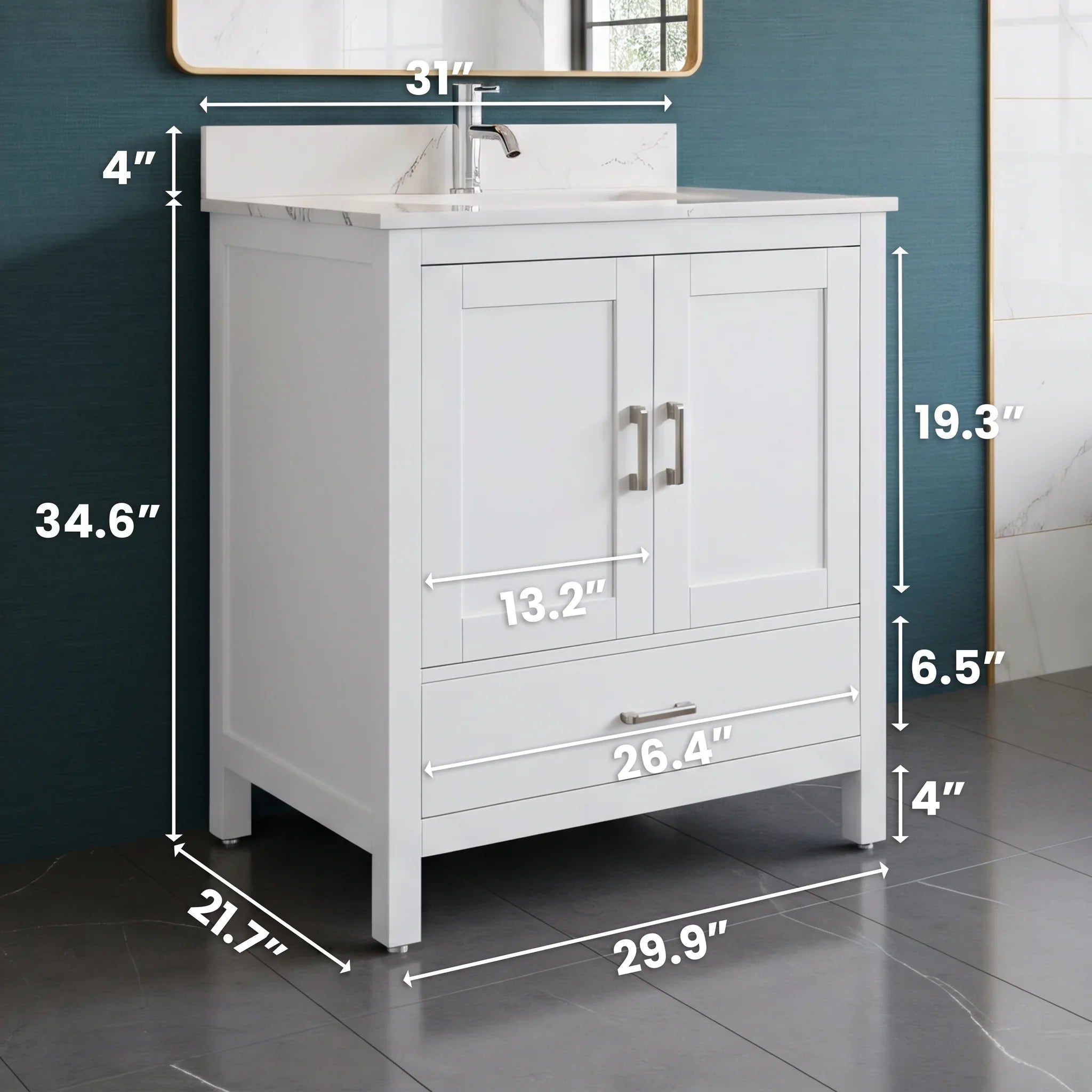 Meuble-Lavabo Autoportant 30po Blanc avec Comptoir de Polymarbre Ingénierie Calcutta