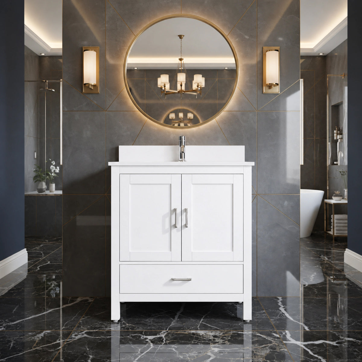 30" White Freestanding Single Sink Bathroom Vanity with Engineered White Marble Countertop