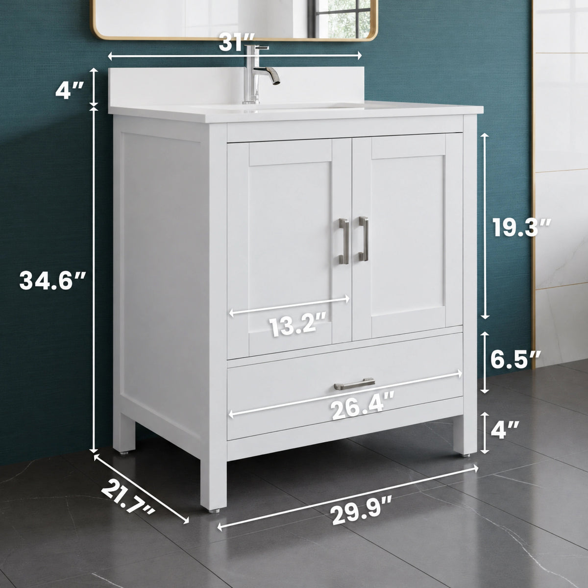 30" White Freestanding Single Sink Bathroom Vanity with Engineered White Marble Countertop