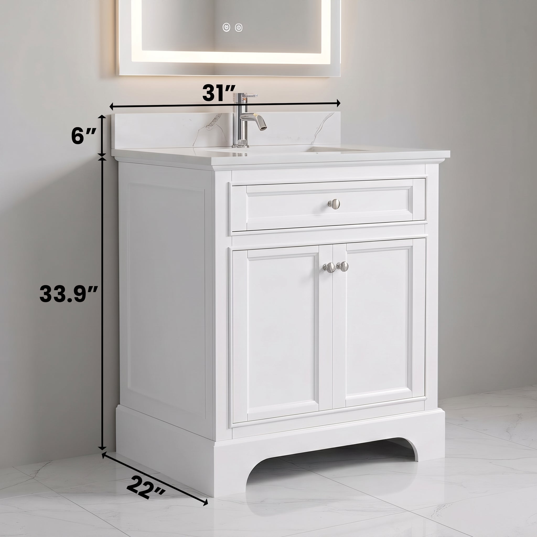 Meuble-lavabo de salle de bain autoportant blanc 30" avec Comptoir en marbre Calcutta reconstitué