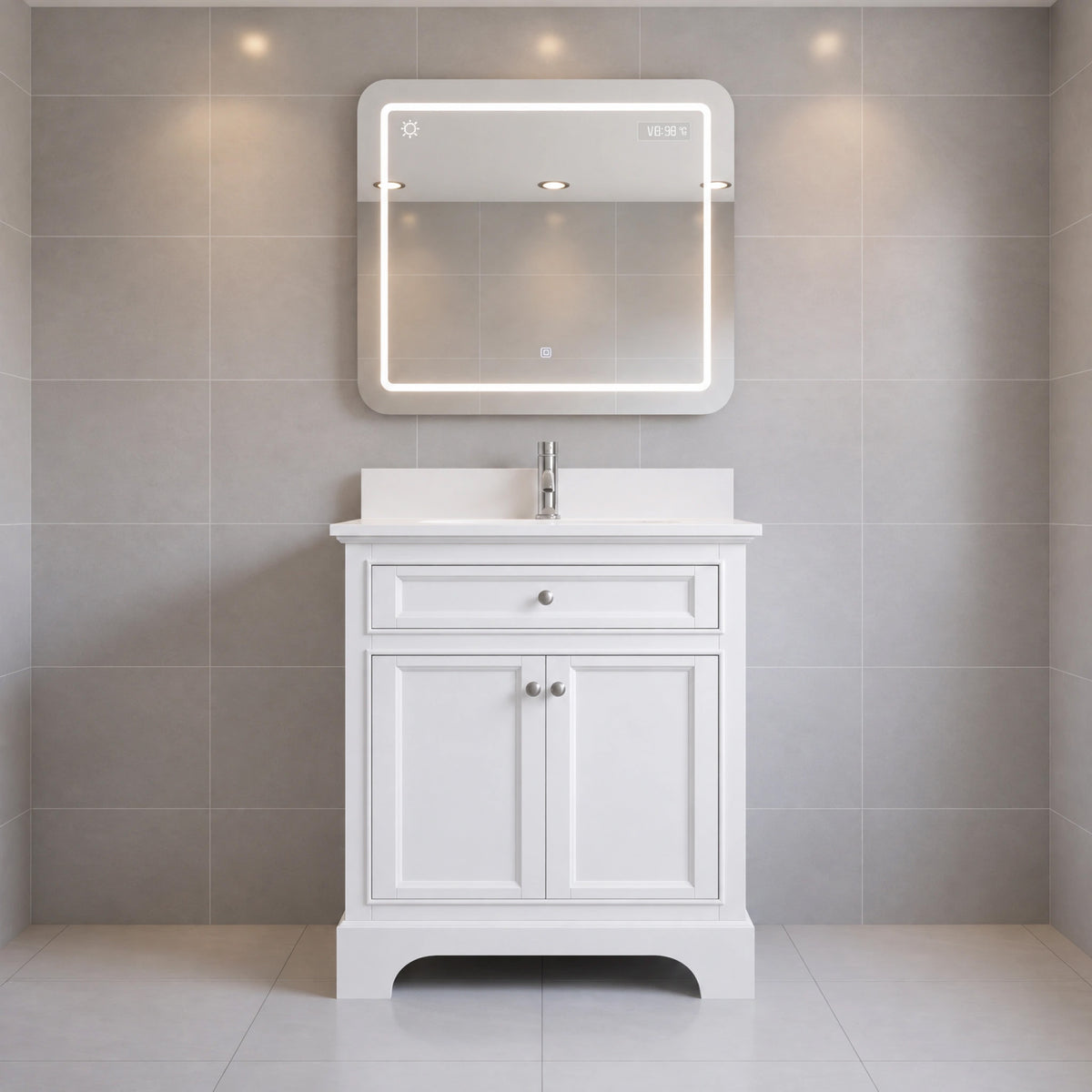 30" White Freestanding Single Sink Bathroom Vanity with Engineered White Marble Countertop