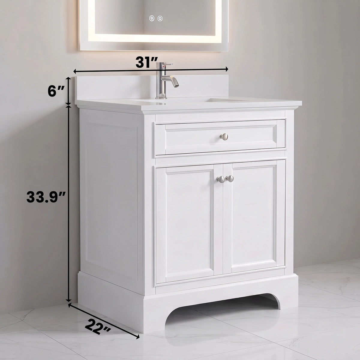 30" White Freestanding Single Sink Bathroom Vanity with Engineered White Marble Countertop
